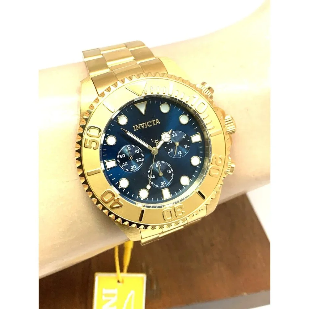 Invicta Men's Watch 36974 Pro Diver Quartz Chronograph Gold Steel Blue Dial 47mm